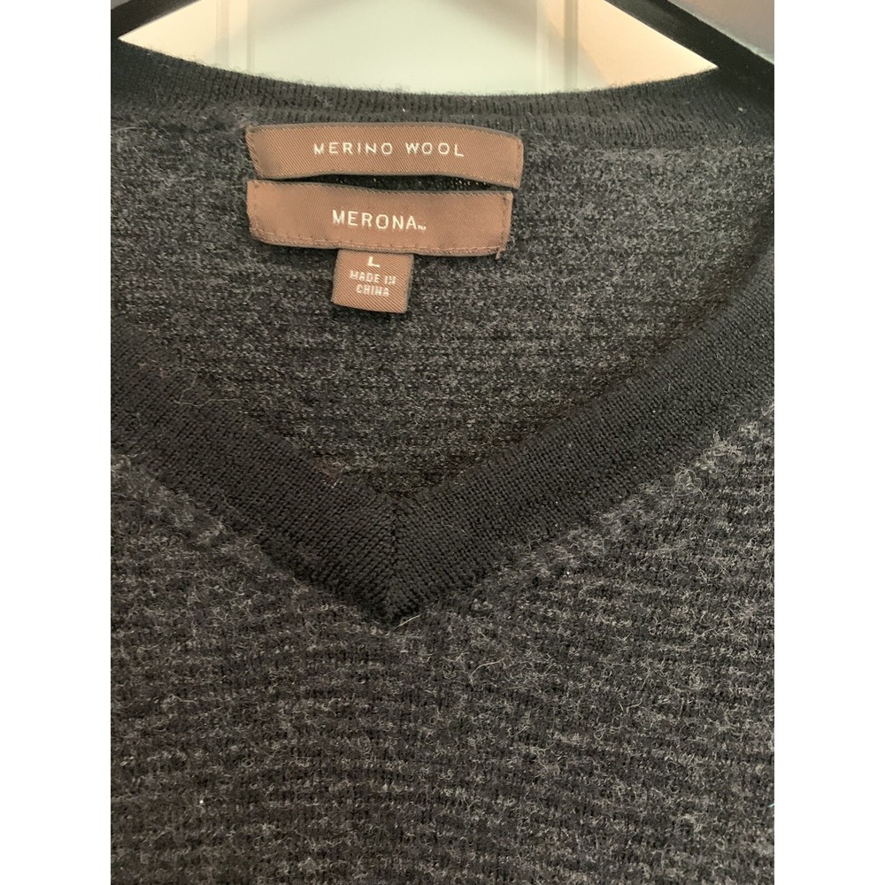 Merona Womens Merino Wool V-Neck Sweater Charcoal Grey Striped Knit Large